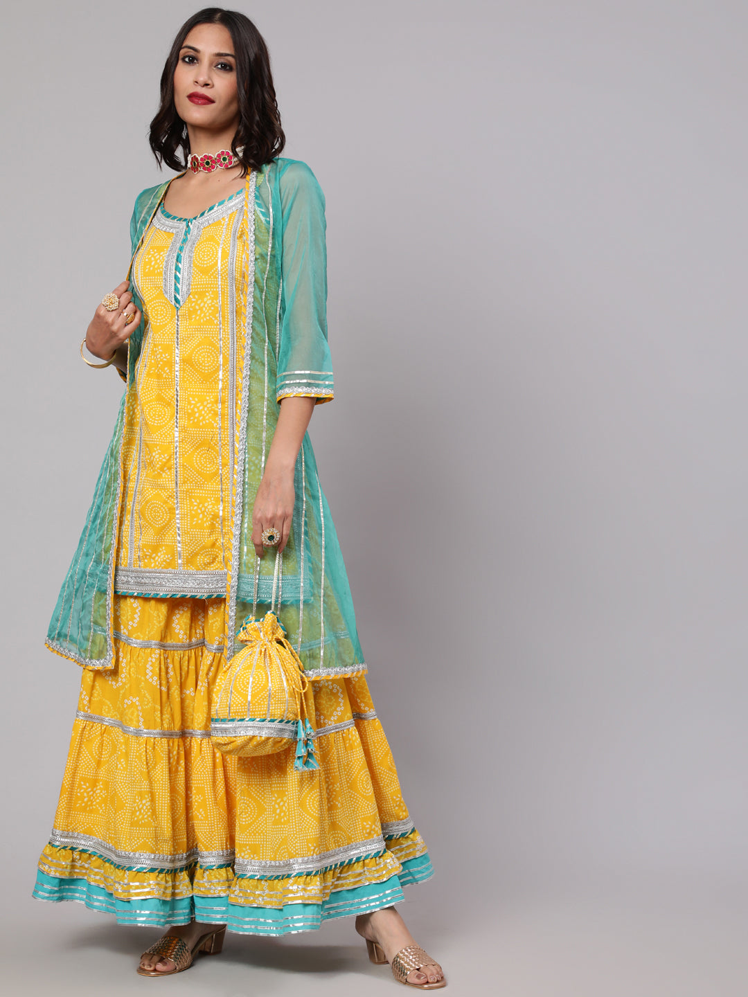 Yellow Bandhani Print Kurta Sharara With Jacket & Potali Bag