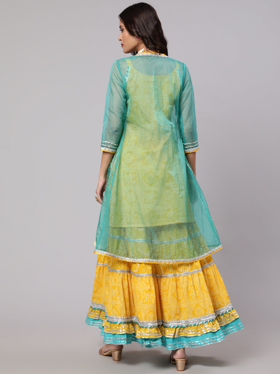 Yellow Bandhani Print Kurta Sharara With Jacket & Potali Bag