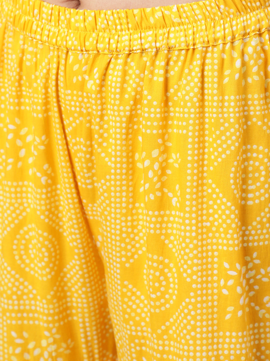 Yellow Bandhani Print Kurta Sharara With Jacket & Potali Bag