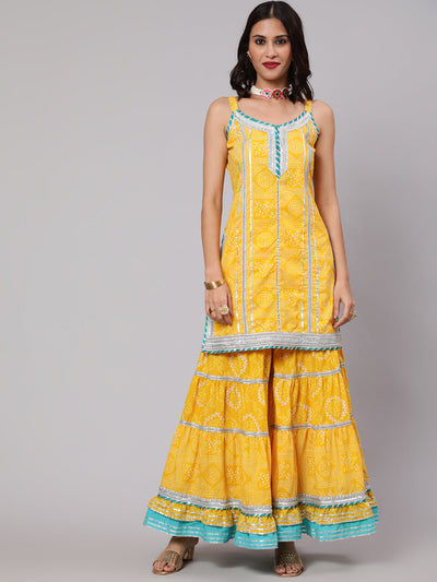 Yellow Bandhani Print Kurta Sharara With Jacket & Potali Bag