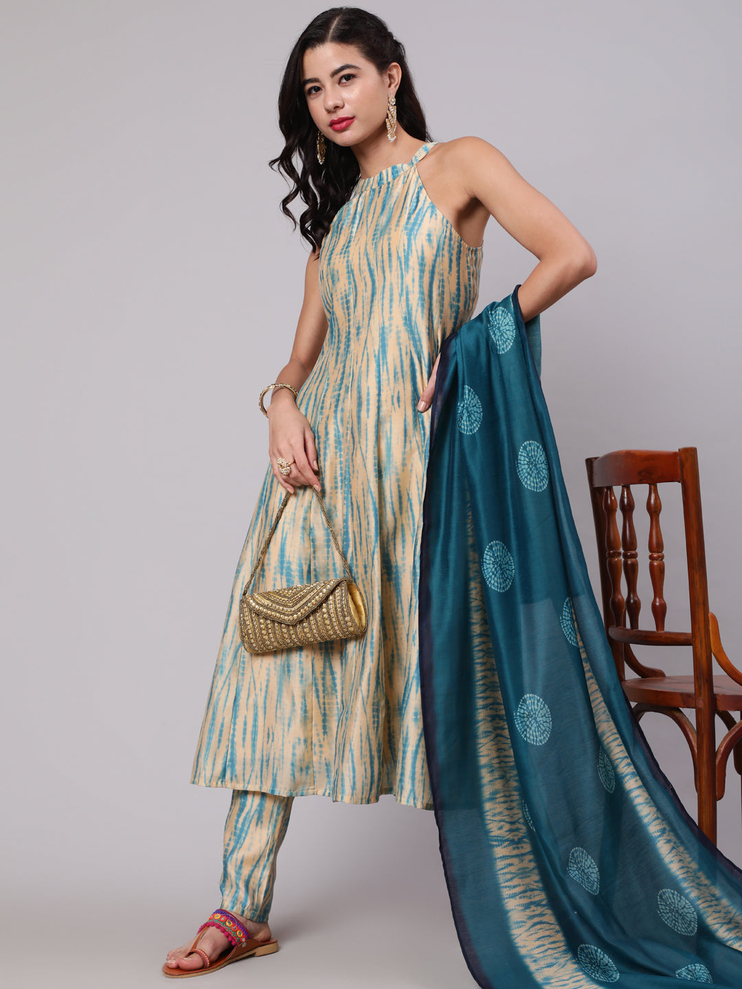 Cream Shibori Print Anarkali Pant With Dupatta