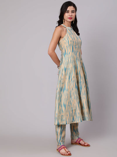 Cream Shibori Print Anarkali Pant With Dupatta