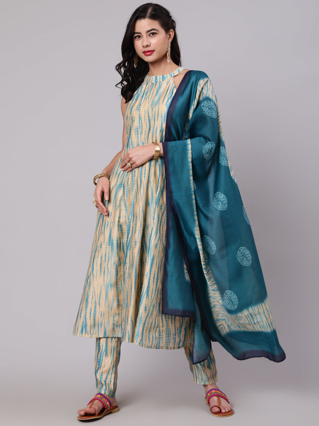 Cream Shibori Print Anarkali Pant With Dupatta