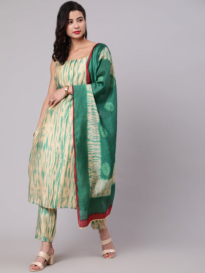 Cream Shibori Print Kurta Pant With Dupatta