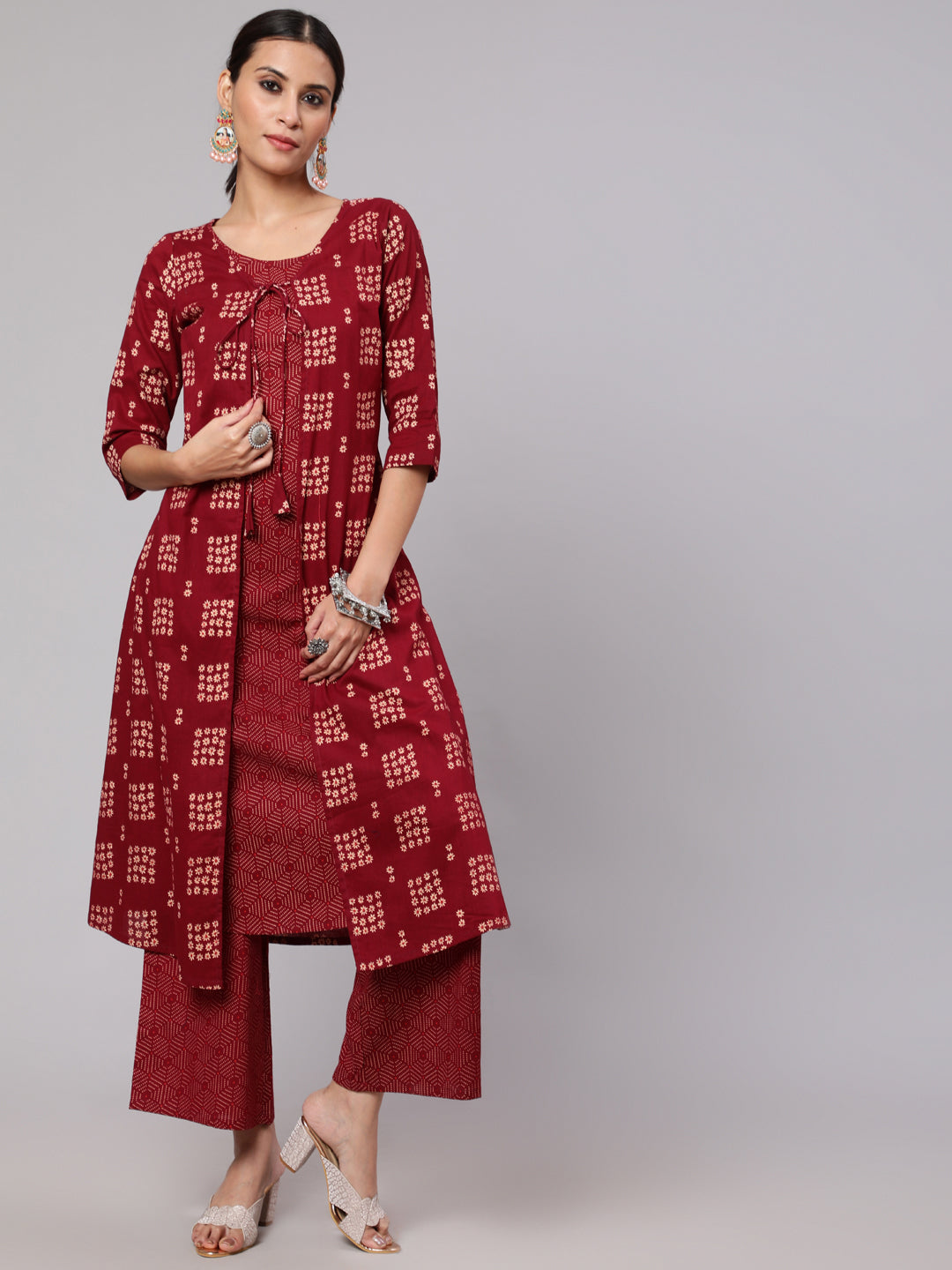 Maroon Floral Print A-Line Layered Kurta With Palazzo