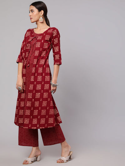 Maroon Floral Print A-Line Layered Kurta With Palazzo