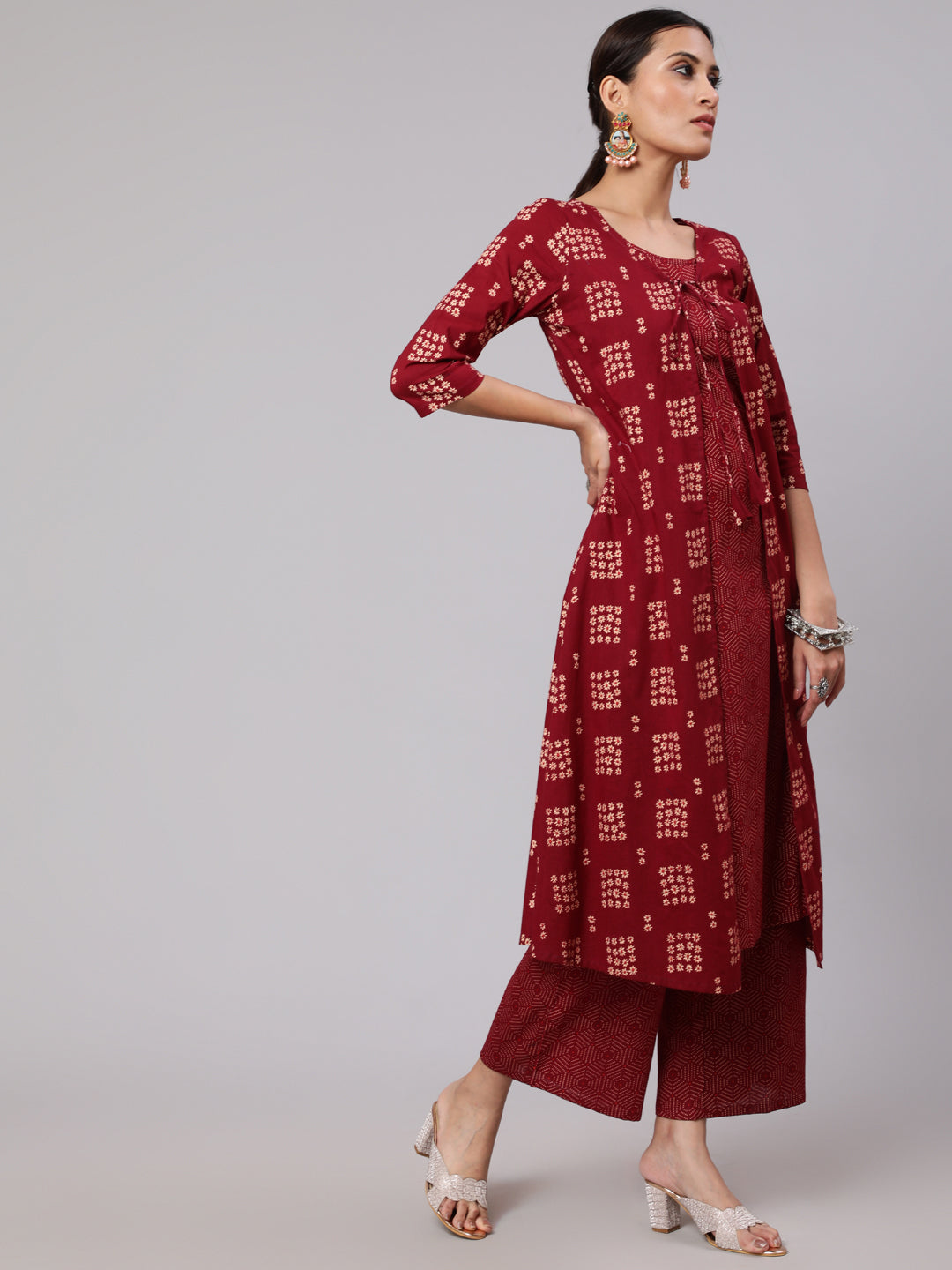 Maroon Floral Print A-Line Layered Kurta With Palazzo