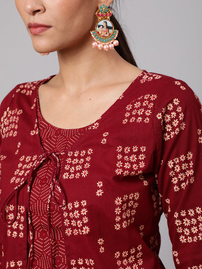 Maroon Floral Print A-Line Layered Kurta With Palazzo