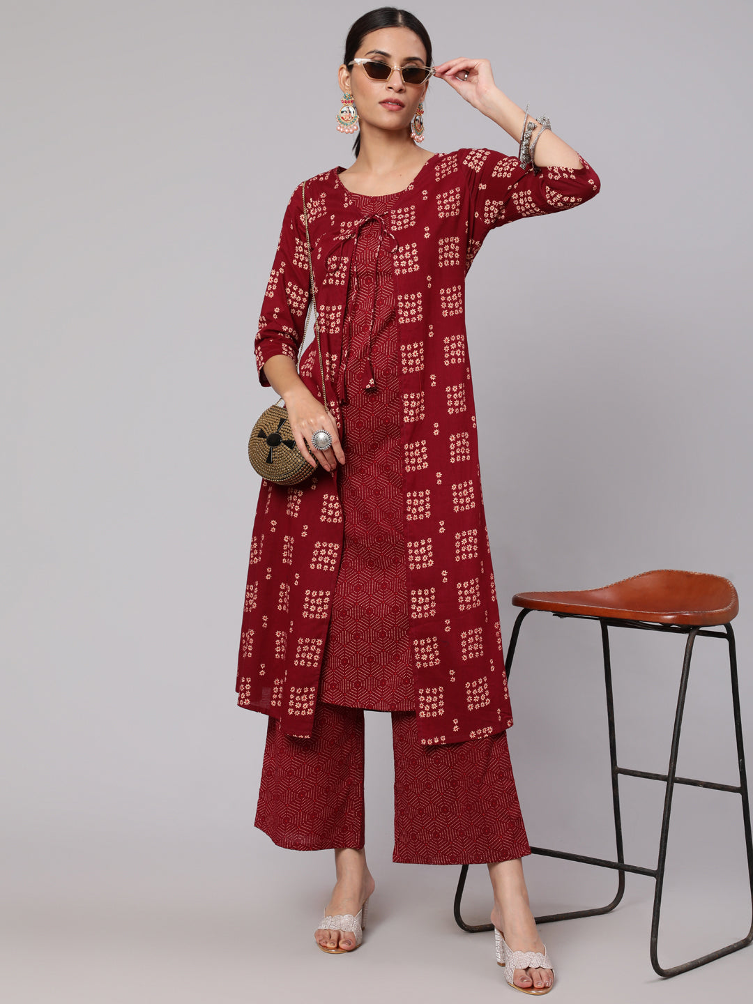 Maroon Floral Print A-Line Layered Kurta With Palazzo