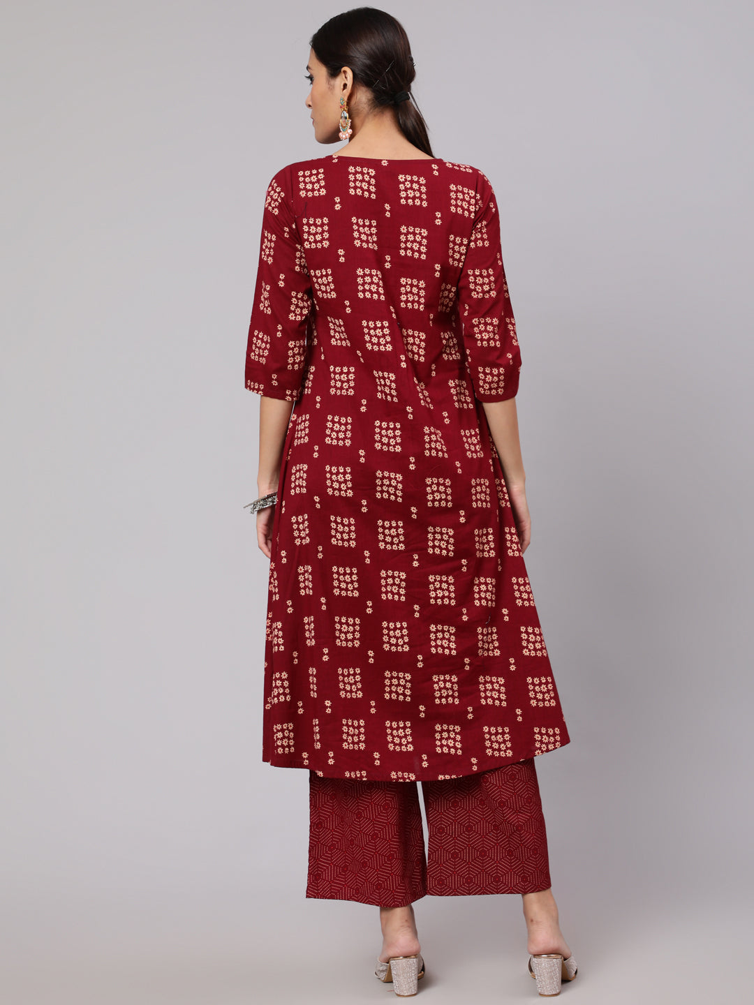 Maroon Floral Print A-Line Layered Kurta With Palazzo