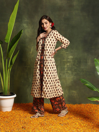 Brown Orange Floral Print Kurta With Palazzo