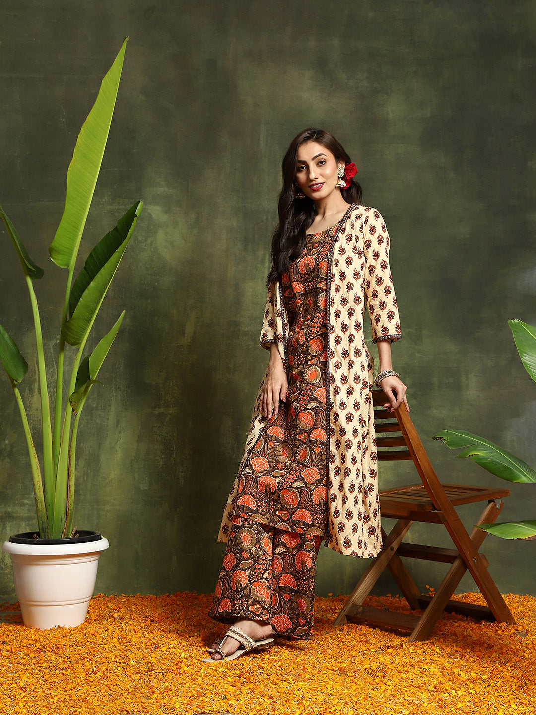 Brown Orange Floral Print Kurta With Palazzo