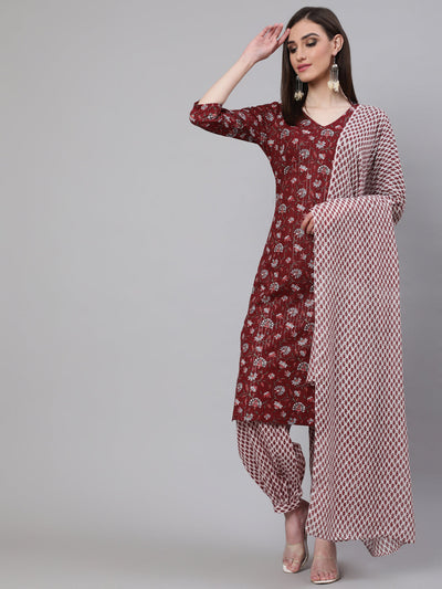 Maroon Printed Lurex Kurta Palazzo With Dupatta