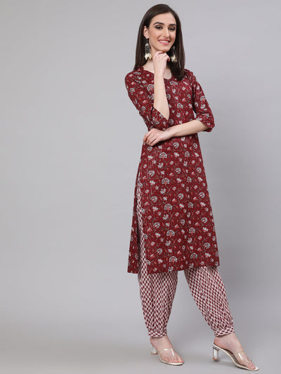 Maroon Printed Lurex Kurta Palazzo With Dupatta