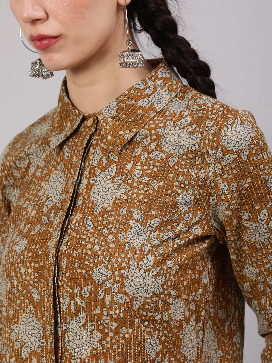 Mustard Floral Print Kantha Work Shirt With Palazzo