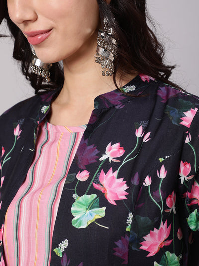 Pink Striped Top Palazzo With Floral Print Jacket