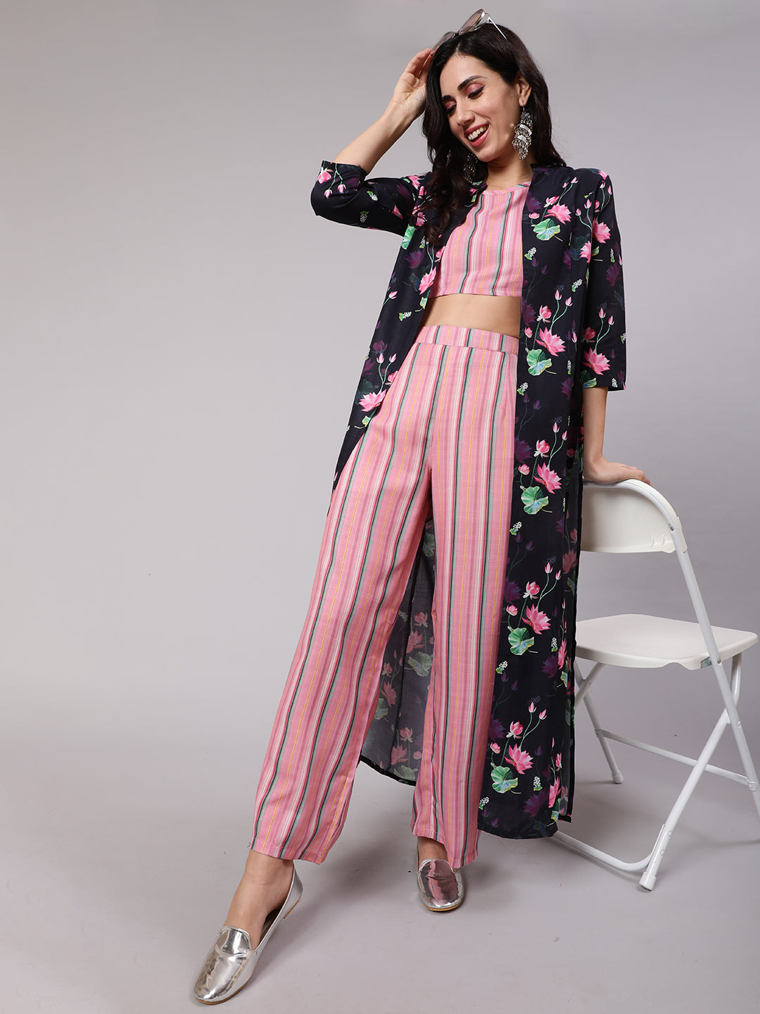 Pink Striped Top Palazzo With Floral Print Jacket