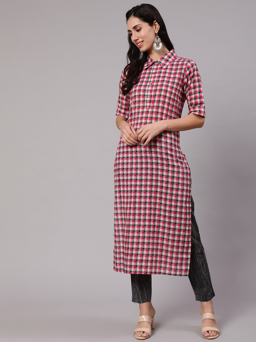 Pink & Grey Checked Kurta With Pant