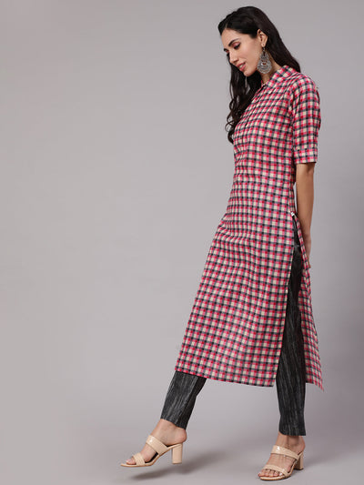 Pink & Grey Checked Kurta With Pant