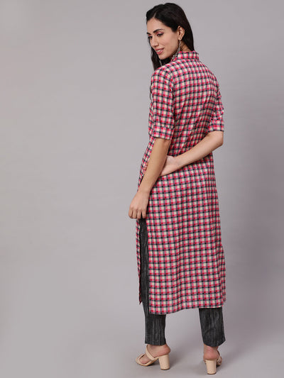 Pink & Grey Checked Kurta With Pant