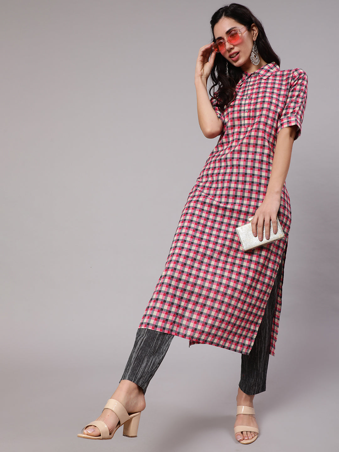 Pink & Grey Checked Kurta With Pant