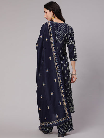 Navy Blue Digital Print Kurta Palazzo With Dupatta
