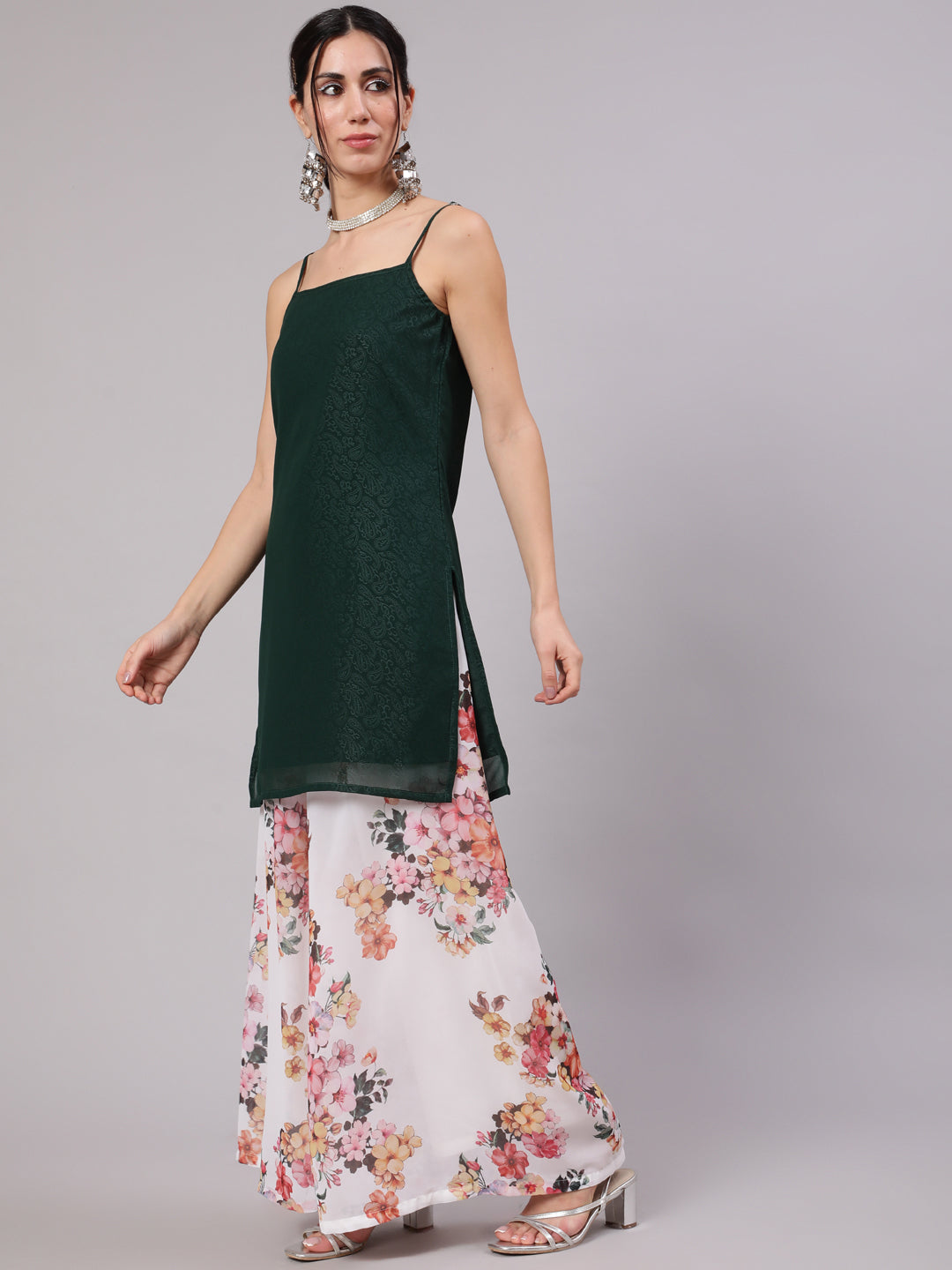 Green Kurta With Floral Print Palazzo & Dupatta