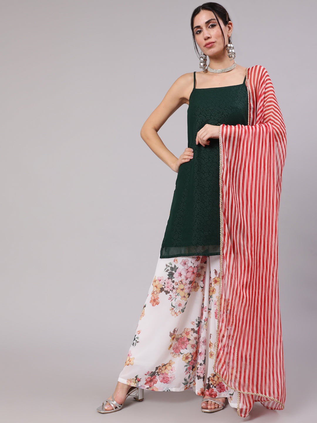 Green Kurta With Floral Print Palazzo & Dupatta