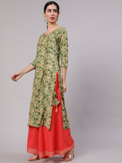 Green Floral Print Kurta Palazzo With Dupatta