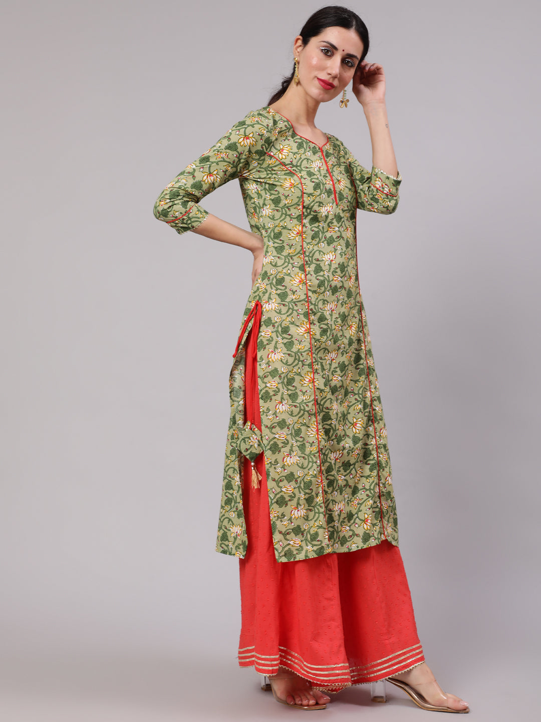 Green Floral Print Kurta Palazzo With Dupatta