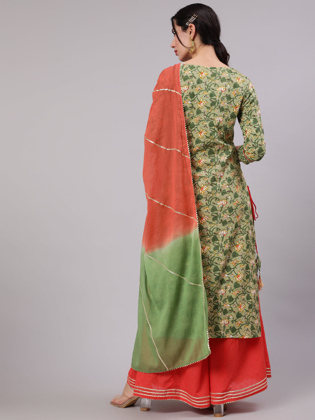 Green Floral Print Kurta Palazzo With Dupatta