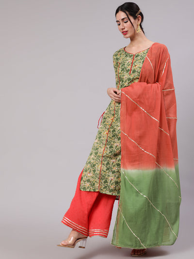 Green Floral Print Kurta Palazzo With Dupatta