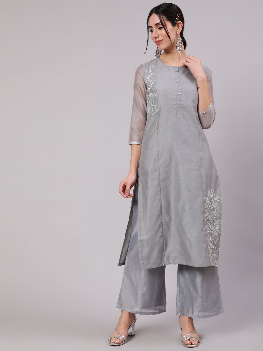 Grey Zari Embroidered Kurta With Palazzo