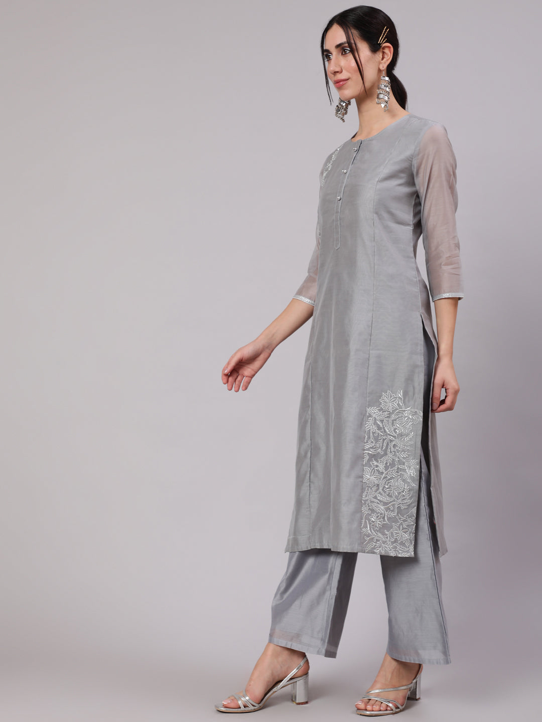 Grey Zari Embroidered Kurta With Palazzo