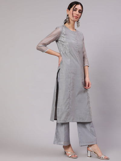 Grey Zari Embroidered Kurta With Palazzo