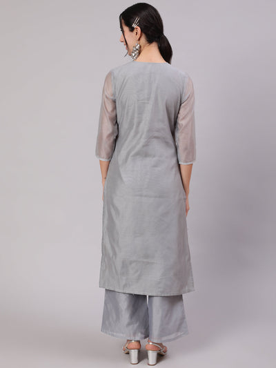 Grey Zari Embroidered Kurta With Palazzo