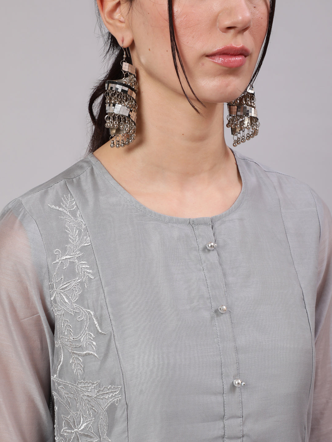 Grey Zari Embroidered Kurta With Palazzo