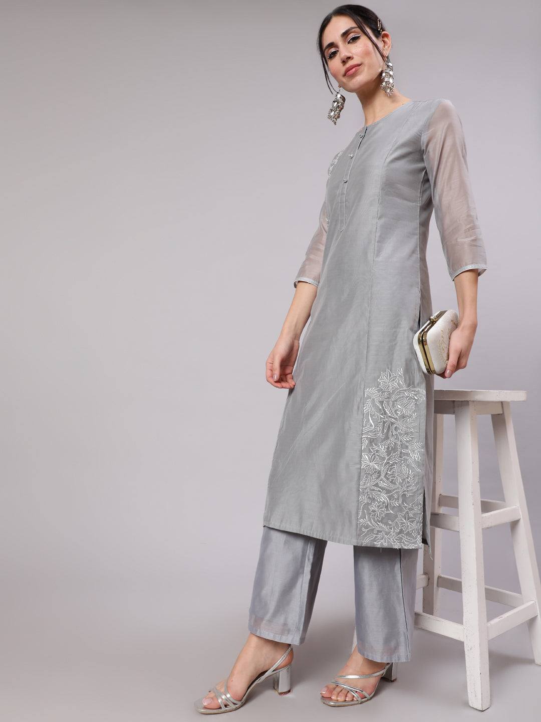 Grey Zari Embroidered Kurta With Palazzo