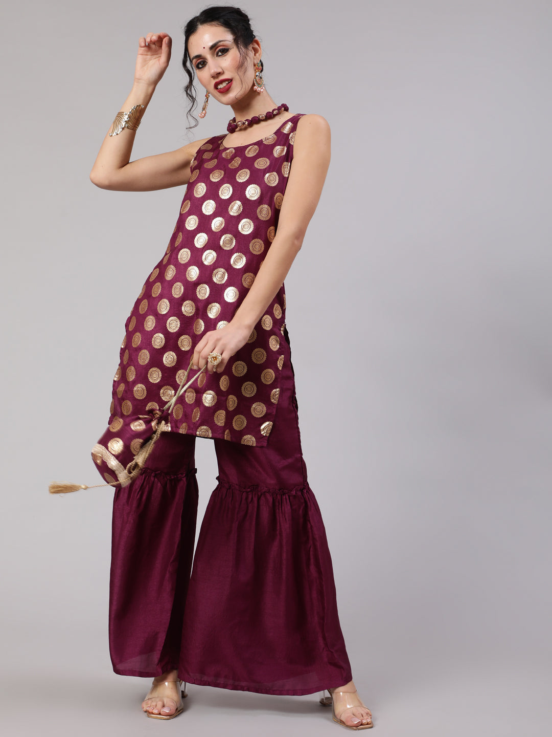 Purple Foil Print Kurta Sharara With Potli Bag & Necklace