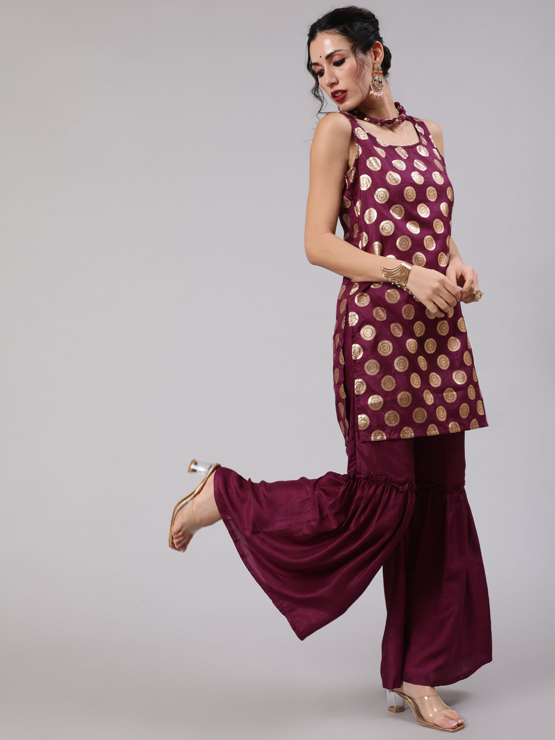 Purple Foil Print Kurta Sharara With Potli Bag & Necklace