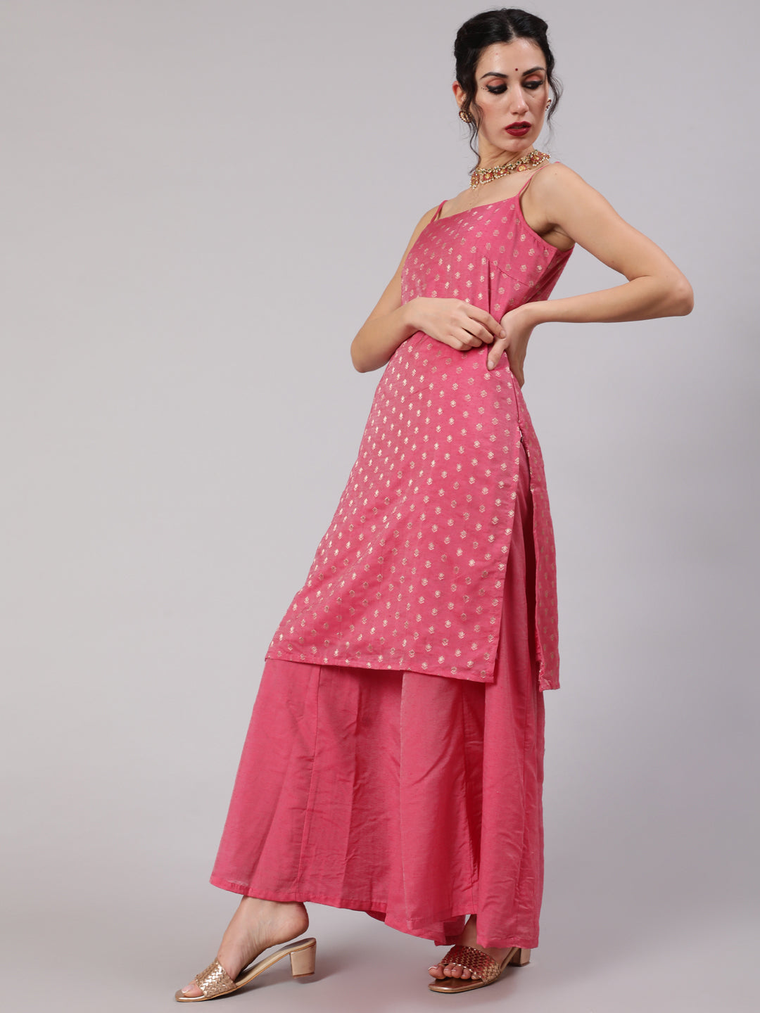 Pink Gold Zari Work Woven Design Kurta Palazzo With Dupatta