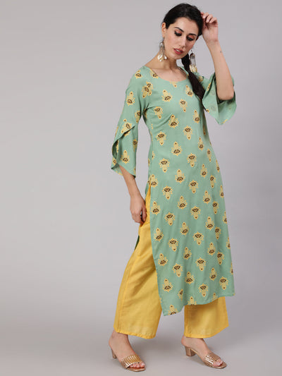 Green & Yellow Printed Kurta Palazzo With Dupatta