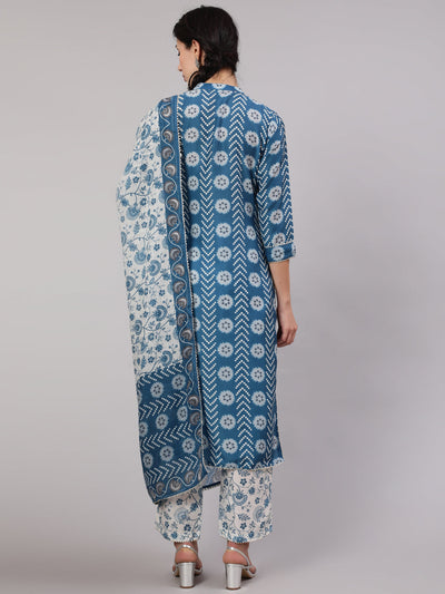 Blue Floral Print Kurta Pant With Dupatta