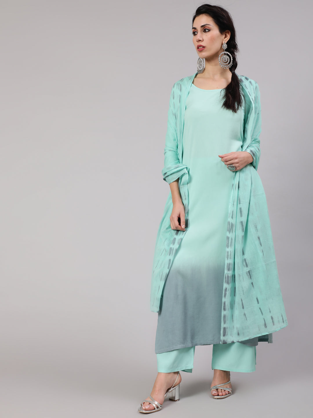 Green & Grey Tie & Dye Kurta Palazzo With Dupatta