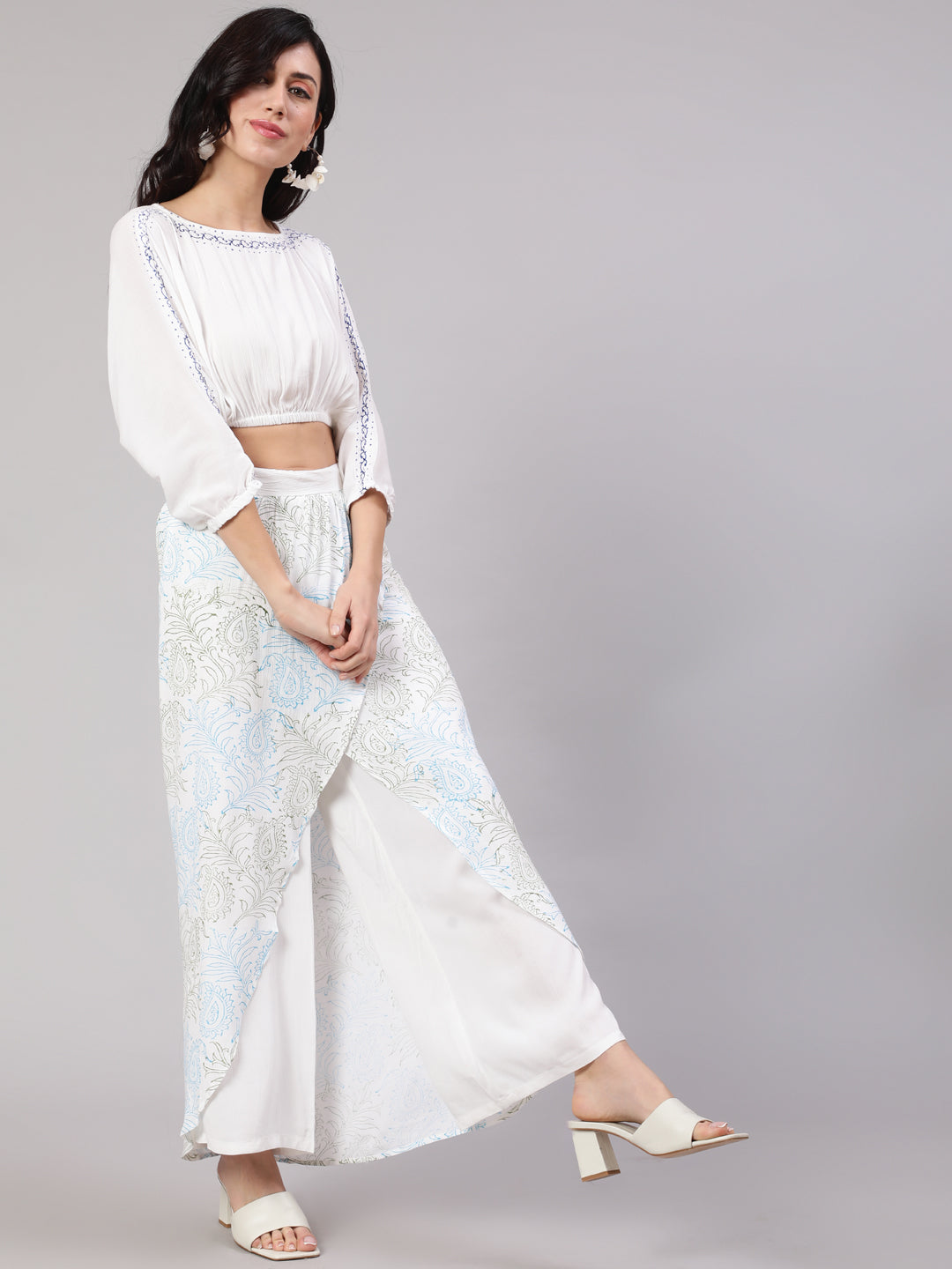 White Block Print Crop Top With Overlap Skirt