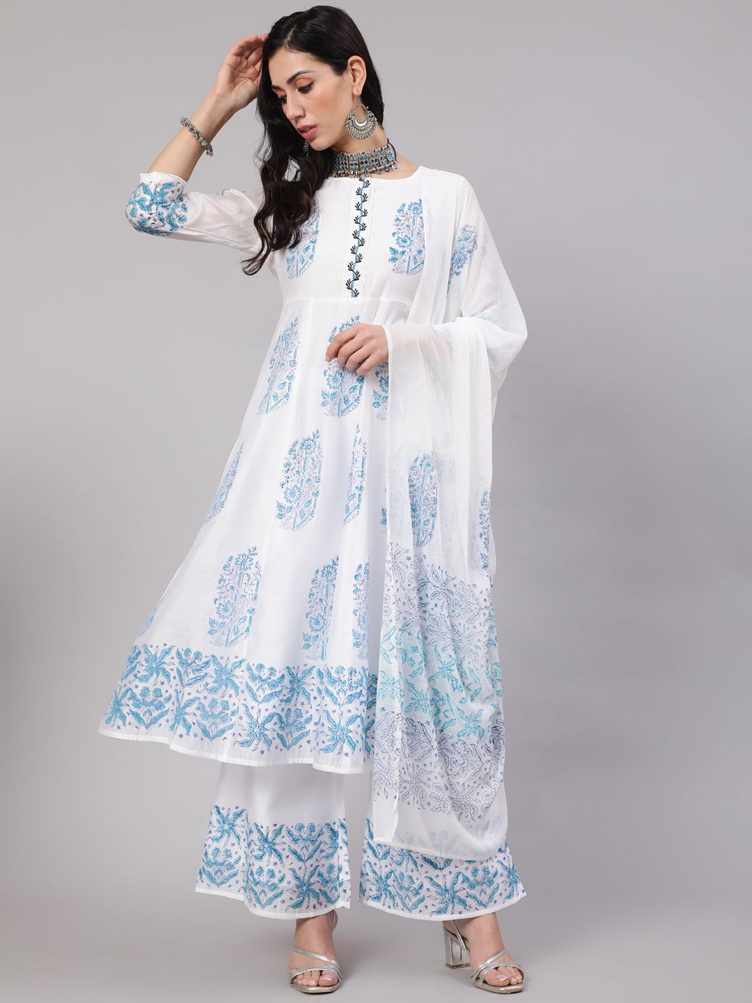 White & Blue Block Print Anarkali Palazzo With Dupatta