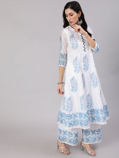 White & Blue Block Print Anarkali Palazzo With Dupatta