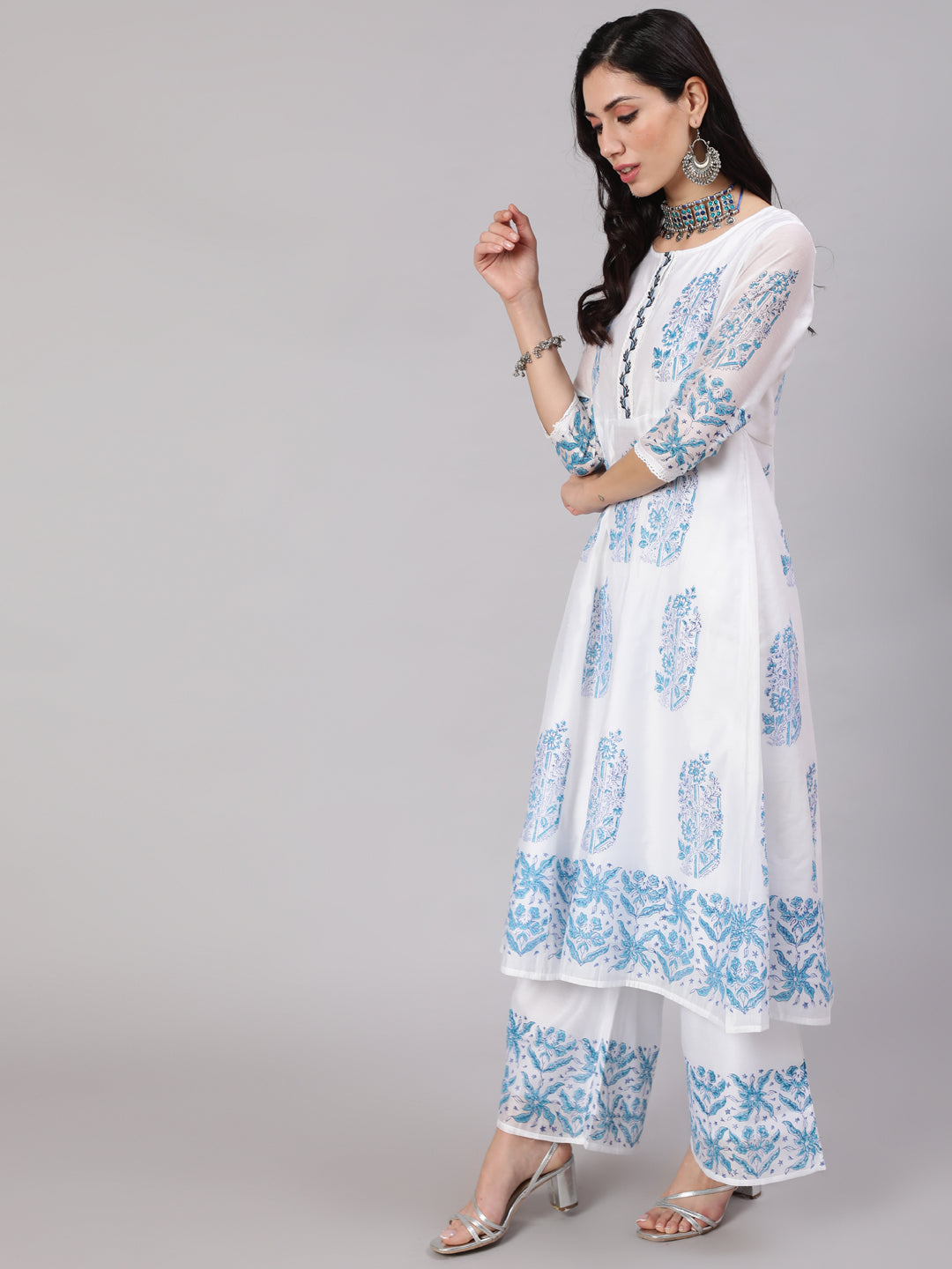 White & Blue Block Print Anarkali Palazzo With Dupatta