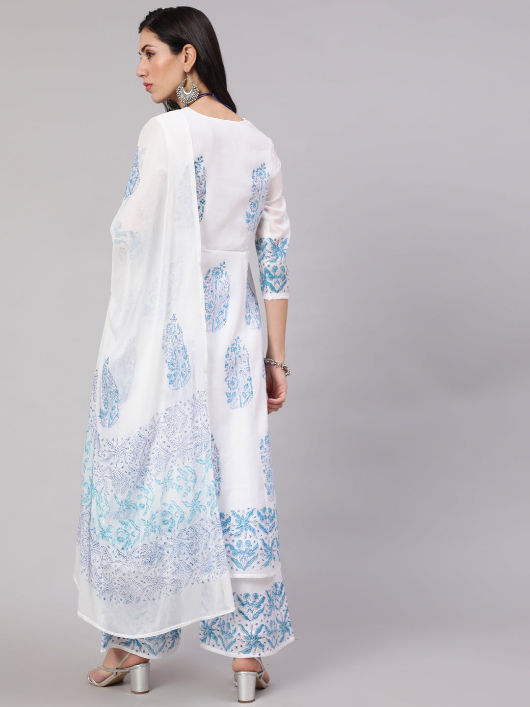 White & Blue Block Print Anarkali Palazzo With Dupatta