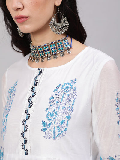 White & Blue Block Print Anarkali Palazzo With Dupatta